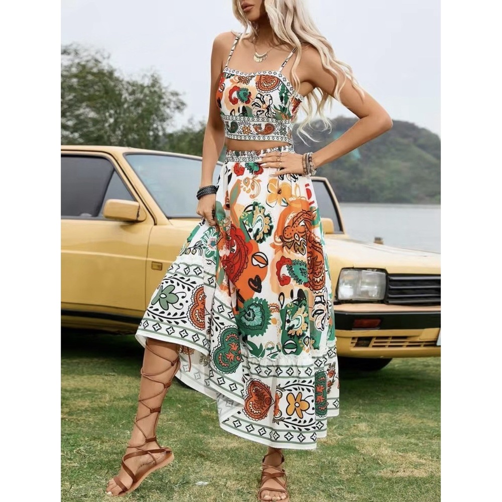 Shein 2 Pc Maxi Skirt Cami Tank Set Boho XS 0/2 Paisley‎ Prairie Tiered Festival